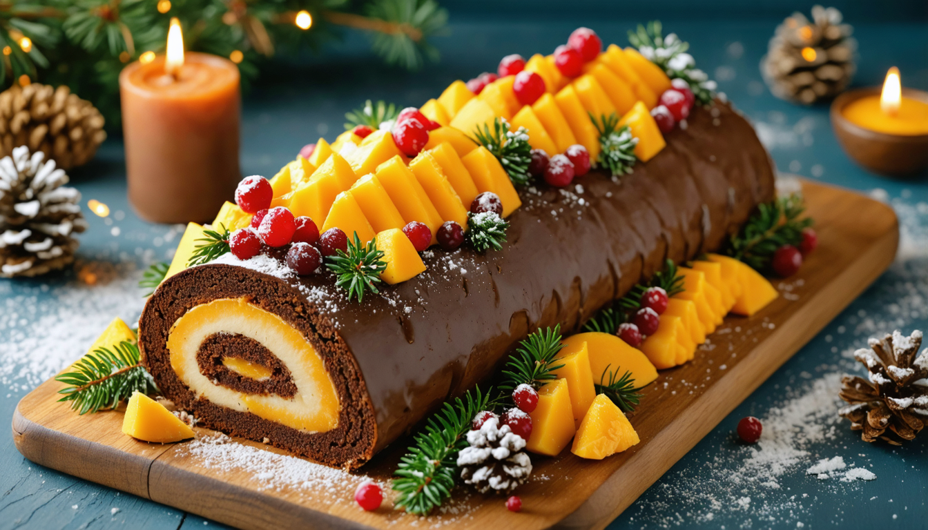 découvrez notre recette festive de bûche de noël exotique au confit de mangues, alliant douceur et originalité pour un dessert plein de saveurs.
