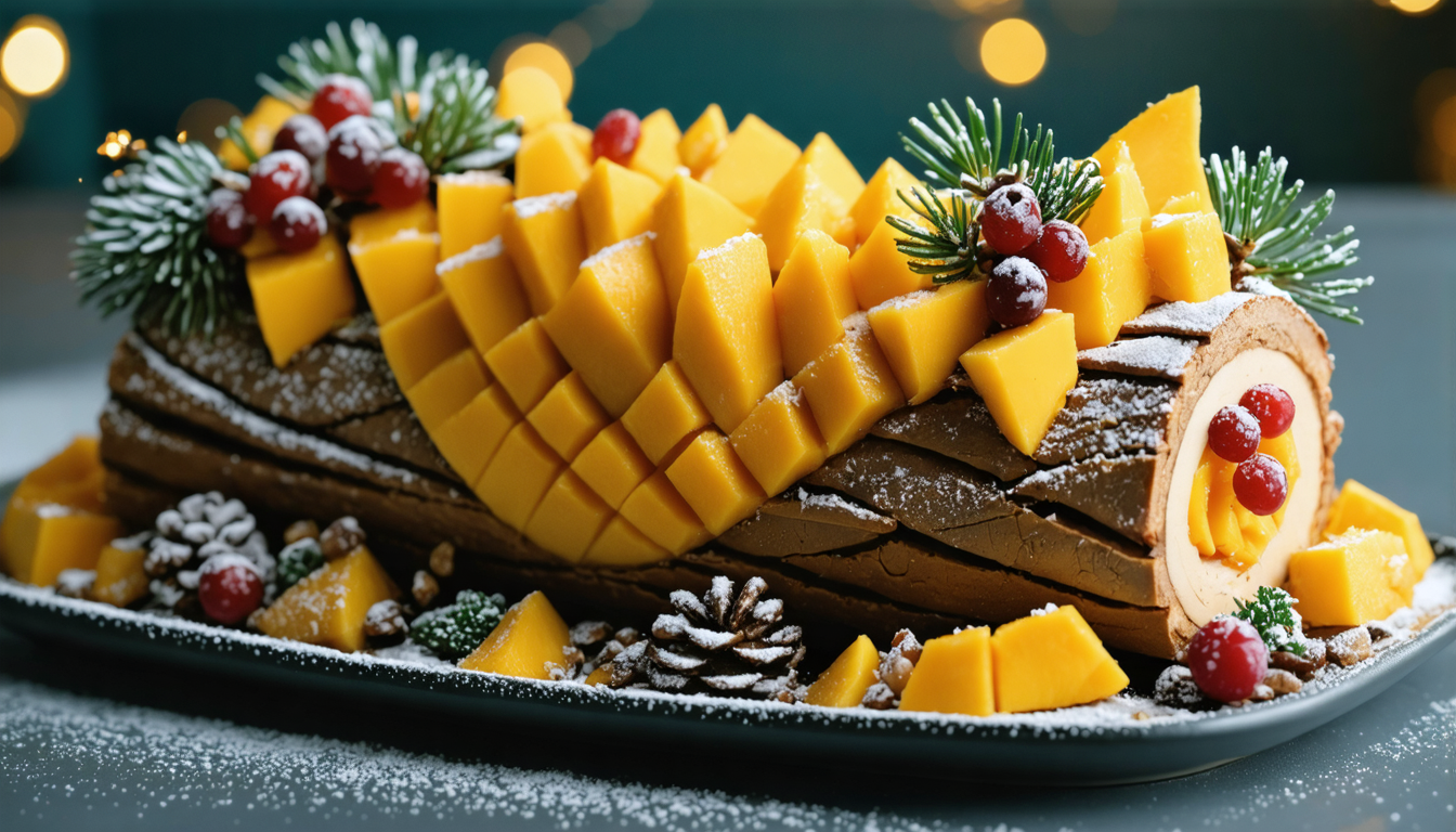 découvrez notre recette festive de bûche de noël exotique au confit de mangues, une délicieuse alliance de saveurs tropicales pour un dessert unique et gourmand.