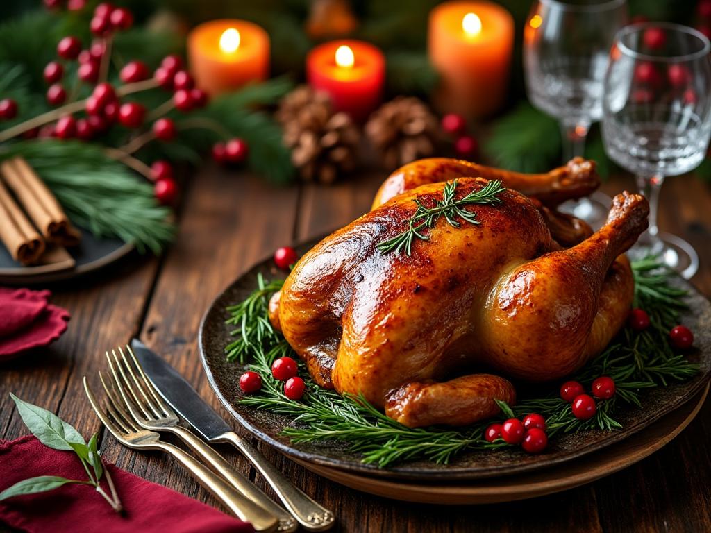 Poulet rôti festif avec décorations de Noël.