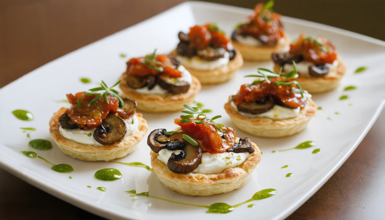 découvrez la délice gourmand, une tartelette savoureuse alliant fromage de chèvre frais, champignons sautés et chorizo épicé pour un plaisir culinaire unique.