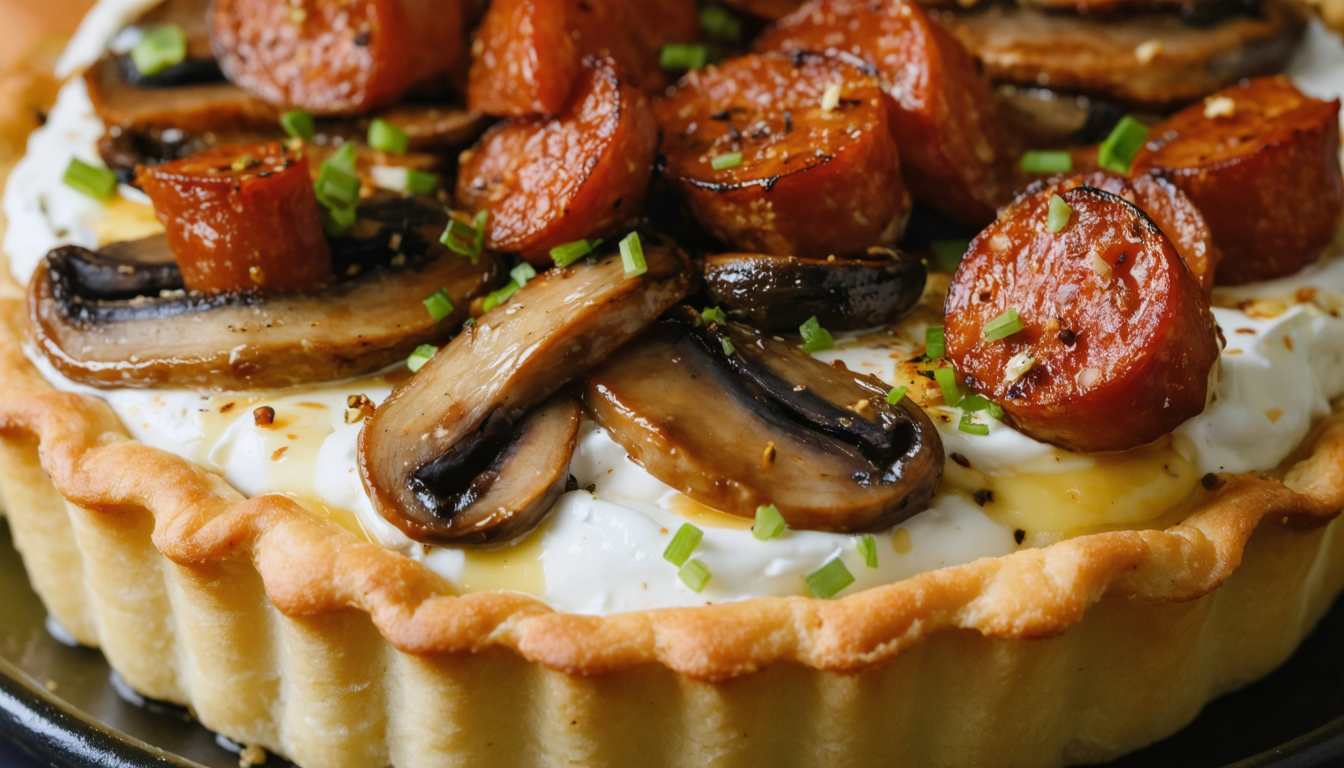 savourez notre tartelette au fromage de chèvre frais, délicatement accompagnée de champignons sautés et de chorizo épicé, pour un délice gourmand et authentique.