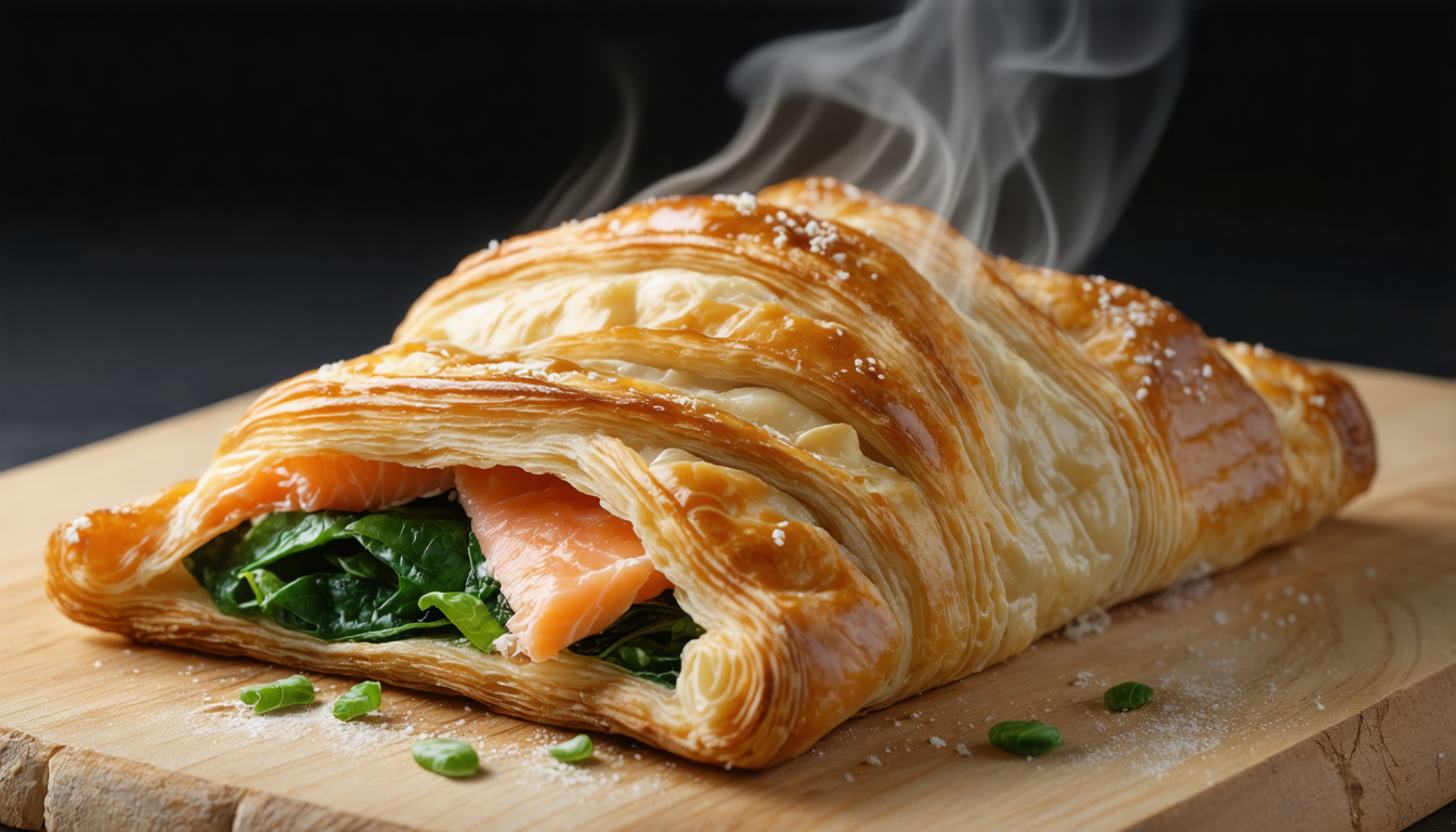 découvrez notre délice croustillant : un feuilleté fondant garni de saumon frais et d'épinards gourmands, parfait pour un repas savoureux et raffiné.