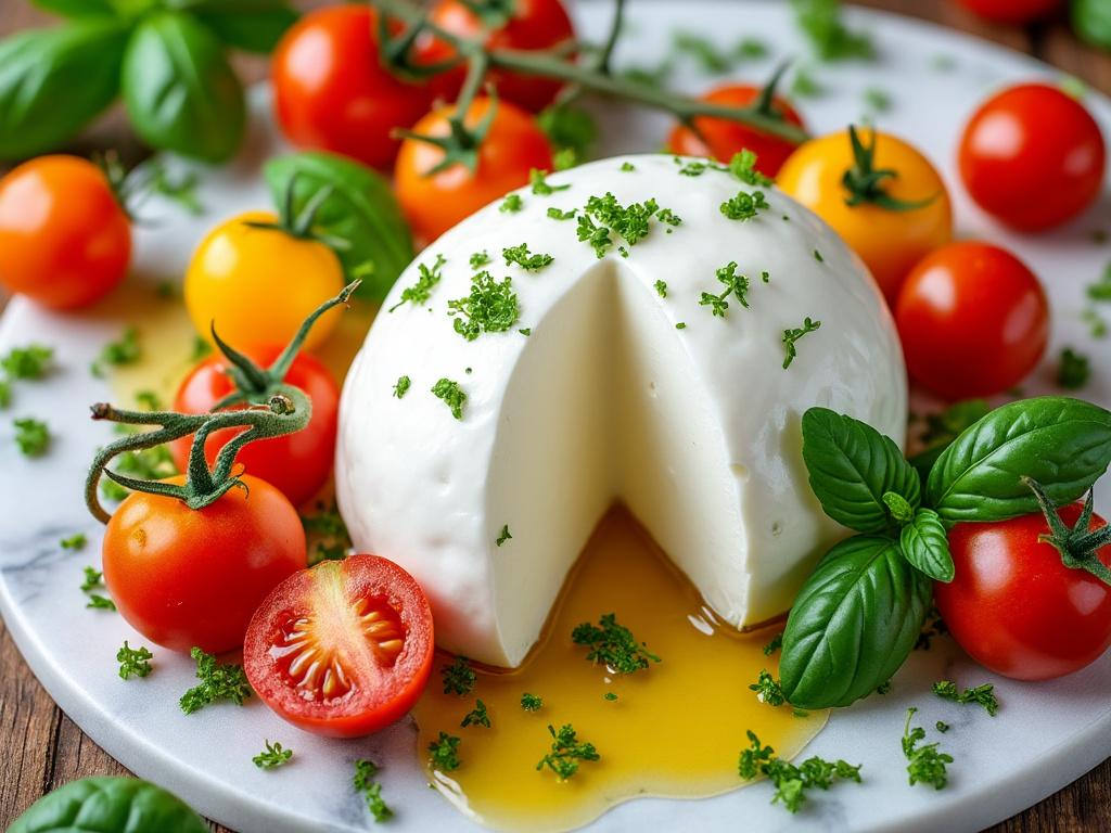 Mozzarella et tomates cerises avec huile et herbes.