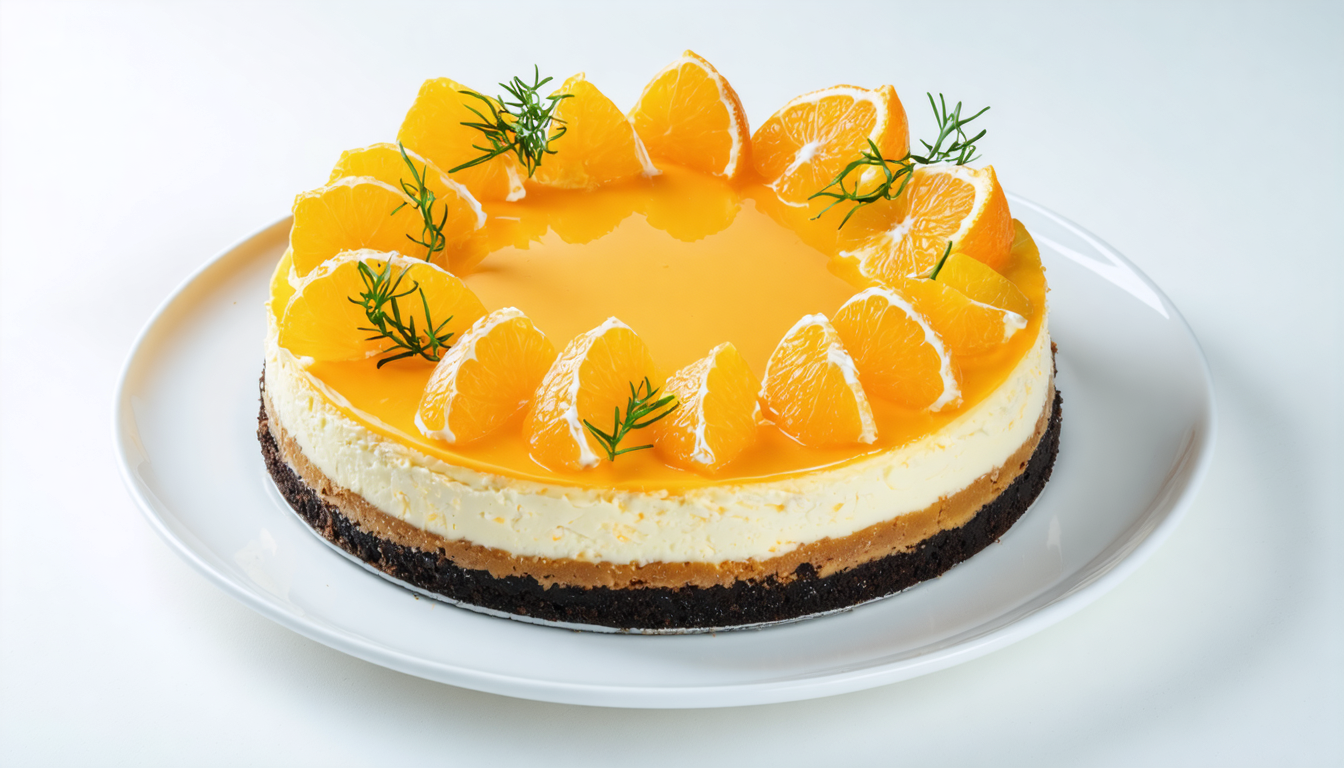 savourez un cheesecake à l'orange léger et rafraîchissant, posé sur un fond chocolaté irrésistiblement gourmand. une douceur parfaite pour toutes les occasions.