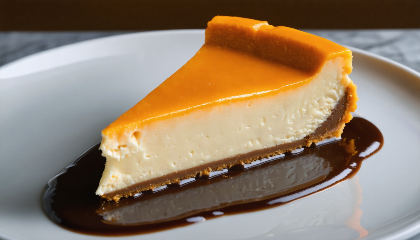 savourez un cheesecake léger à l'orange, posé sur un fondant irrésistible au chocolat, pour une douceur fruitée et gourmande parfaite à tout moment.