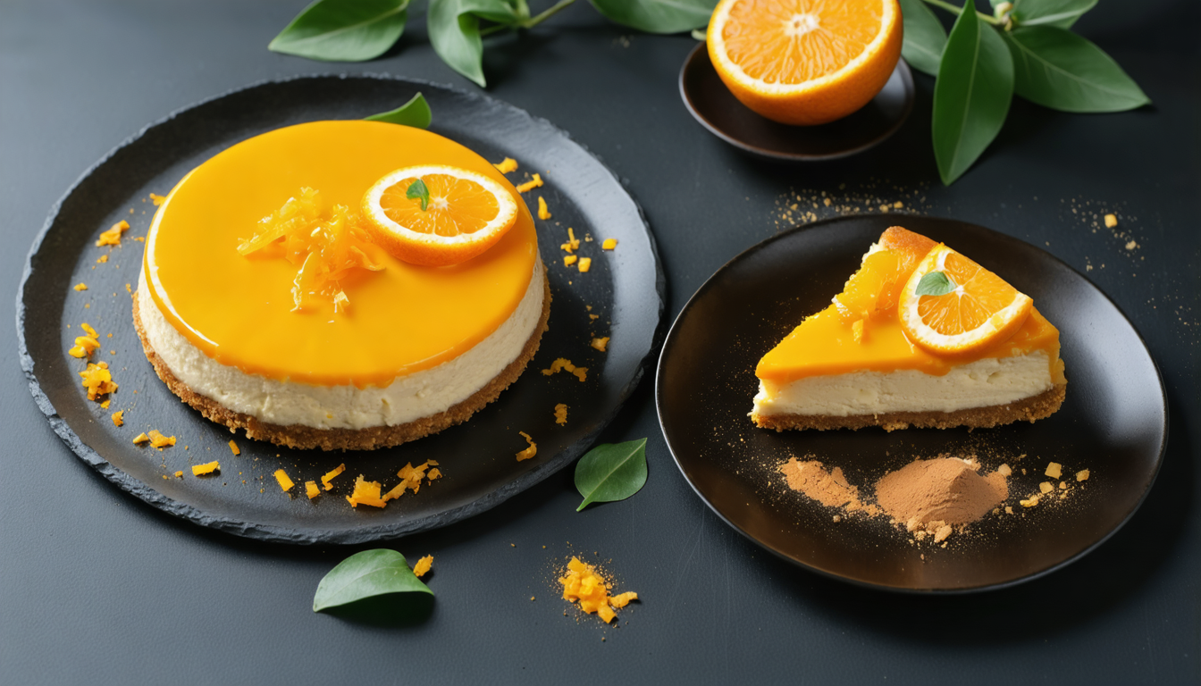 savourez un cheesecake à l'orange léger et crémeux, posé sur un fond chocolaté irrésistible pour une douceur parfaite.