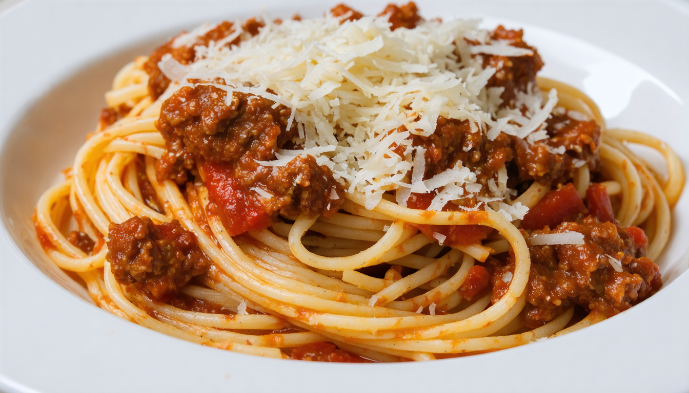 savourez l'authenticité italienne avec nos spaghetti bolognaise généreusement garnis de fromage râpé, pour un repas savoureux et traditionnel.