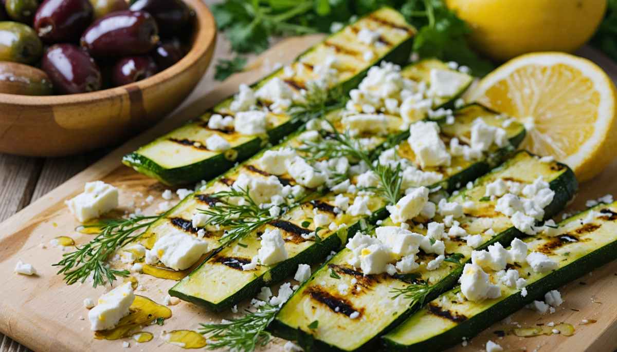 savourez les courgettes grillées façon grecque, un délice méditerranéen rehaussé du parfum authentique de feta, idéal pour un repas frais et gourmand.