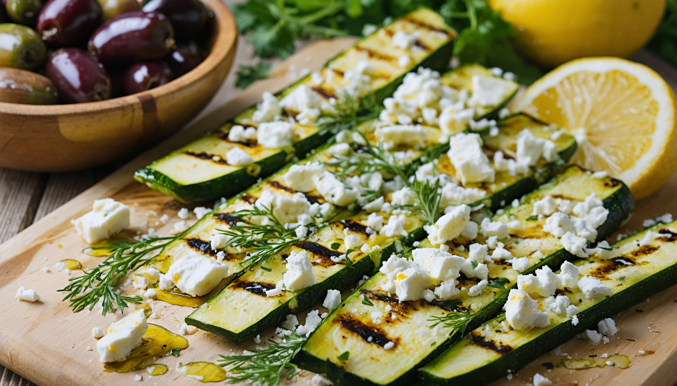 savourez les courgettes grillées façon grecque, un délice méditerranéen rehaussé du parfum authentique de feta, idéal pour un repas frais et gourmand.