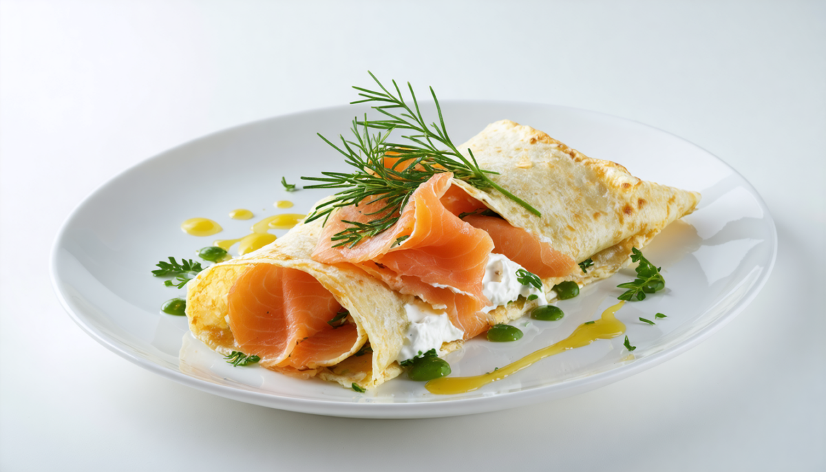 savourez une délicieuse crêpe légère garnie de saumon fumé et de ricotta, parfaite pour une entrée minceur saine et gourmande.