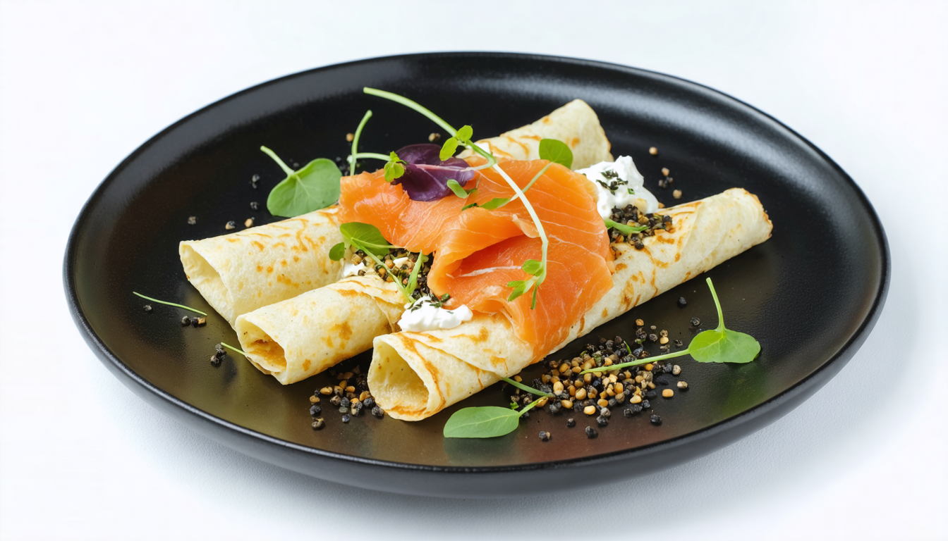 savourez une délicieuse crêpe légère garnie de saumon fumé et ricotta, parfaite pour une entrée saine et minceur.