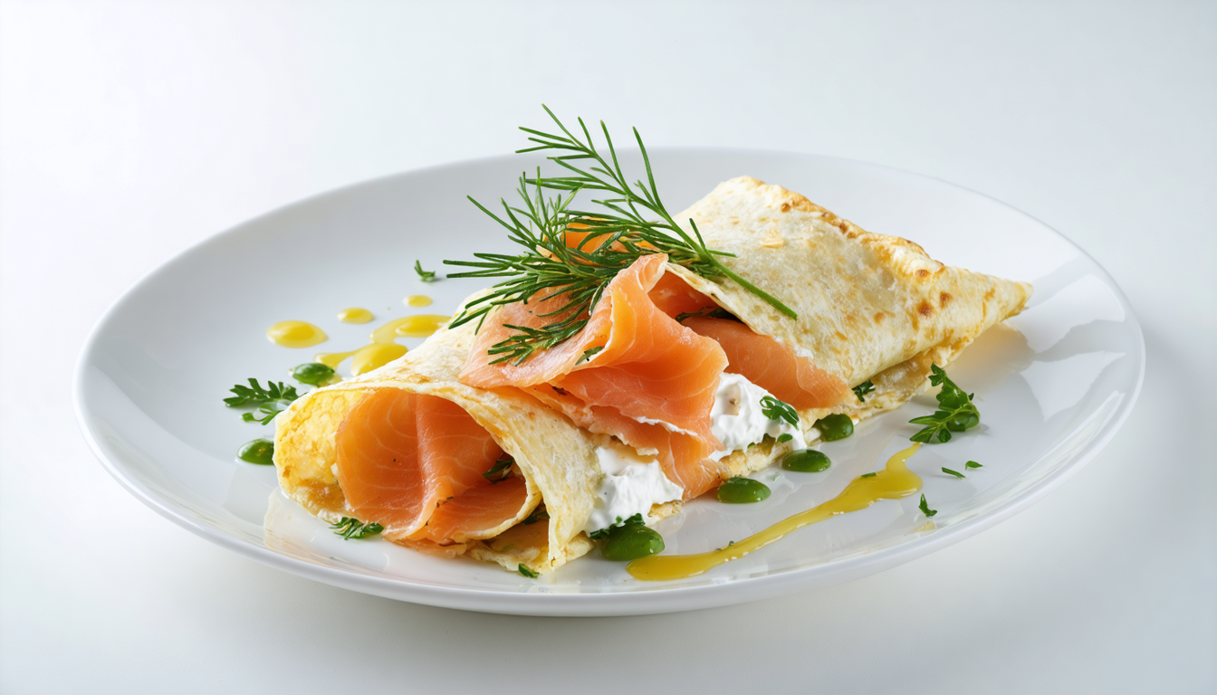 savourez une délicieuse crêpe légère garnie de saumon fumé et de ricotta, parfaite pour une entrée minceur saine et gourmande.