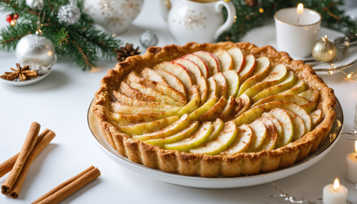 savourez notre délicieuse tarte de noël aux pommes parfumées à la cannelle, une gourmandise parfaite pour vos fêtes de fin d'année.