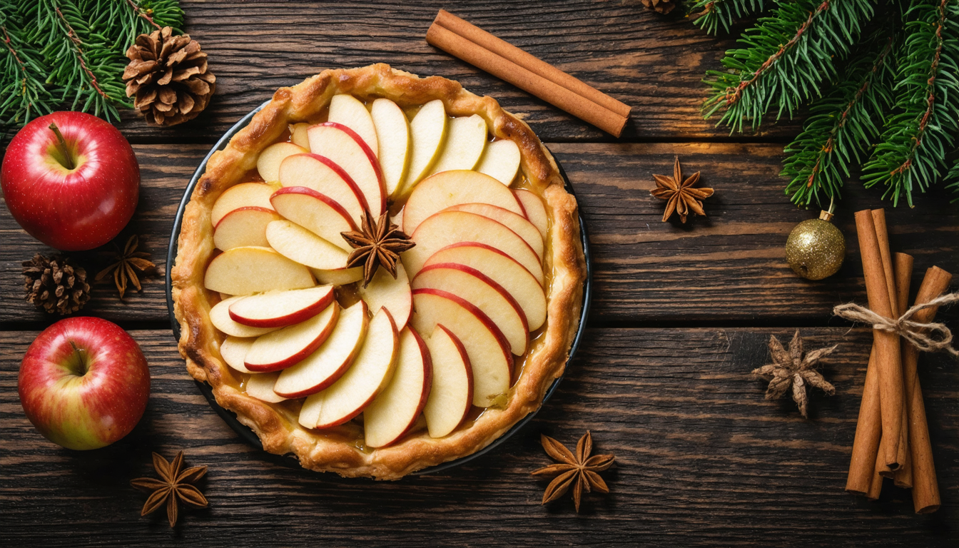 découvrez notre délicieuse tarte de noël aux pommes parfumées à la cannelle, un dessert traditionnel qui réchauffe les festivités avec ses saveurs authentiques et gourmandes.