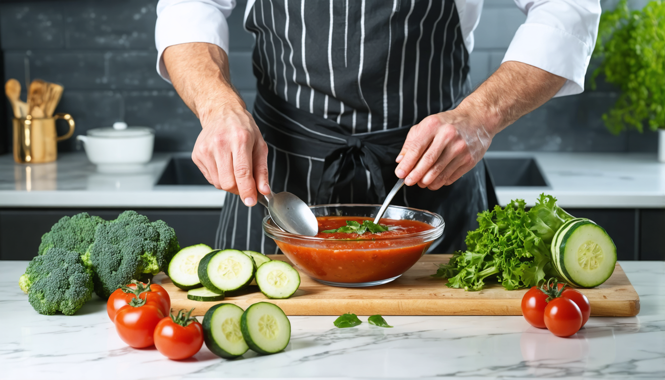 découvrez notre recette de gaspacho tomate-concombre, une soupe froide pleine de fraîcheur et de saveurs, idéale pour les journées chaudes d'été.