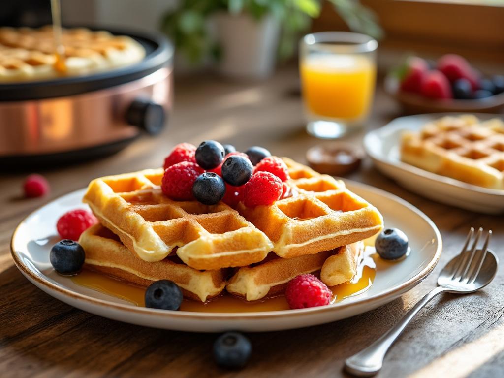 Gaufres dorées avec fruits rouges et sirop érable.
