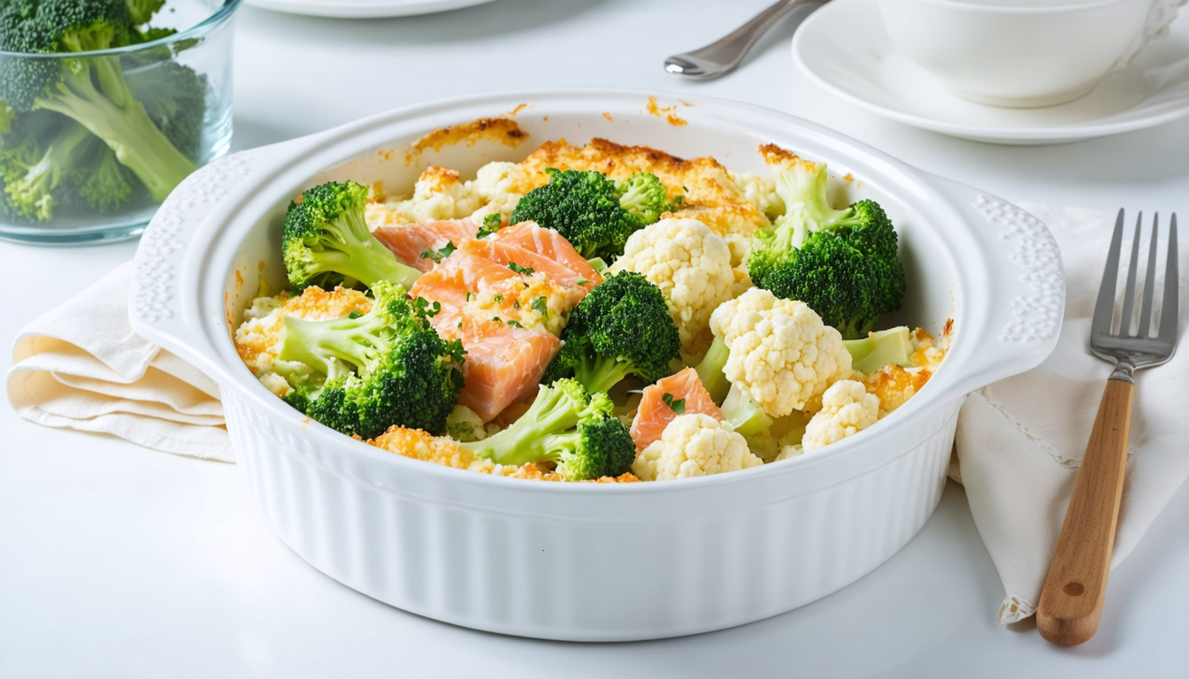 découvrez notre gratin diététique au brocoli, chou-fleur et saumon, une recette savoureuse et légère pour allier plaisir et santé dans votre assiette.