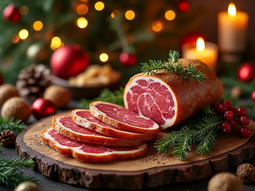 Jambon de Noël décoré sur fond de fête.