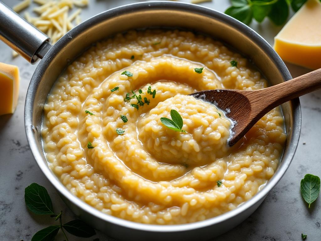 Crèmeux risotto au fromage dans une poêle en inox.