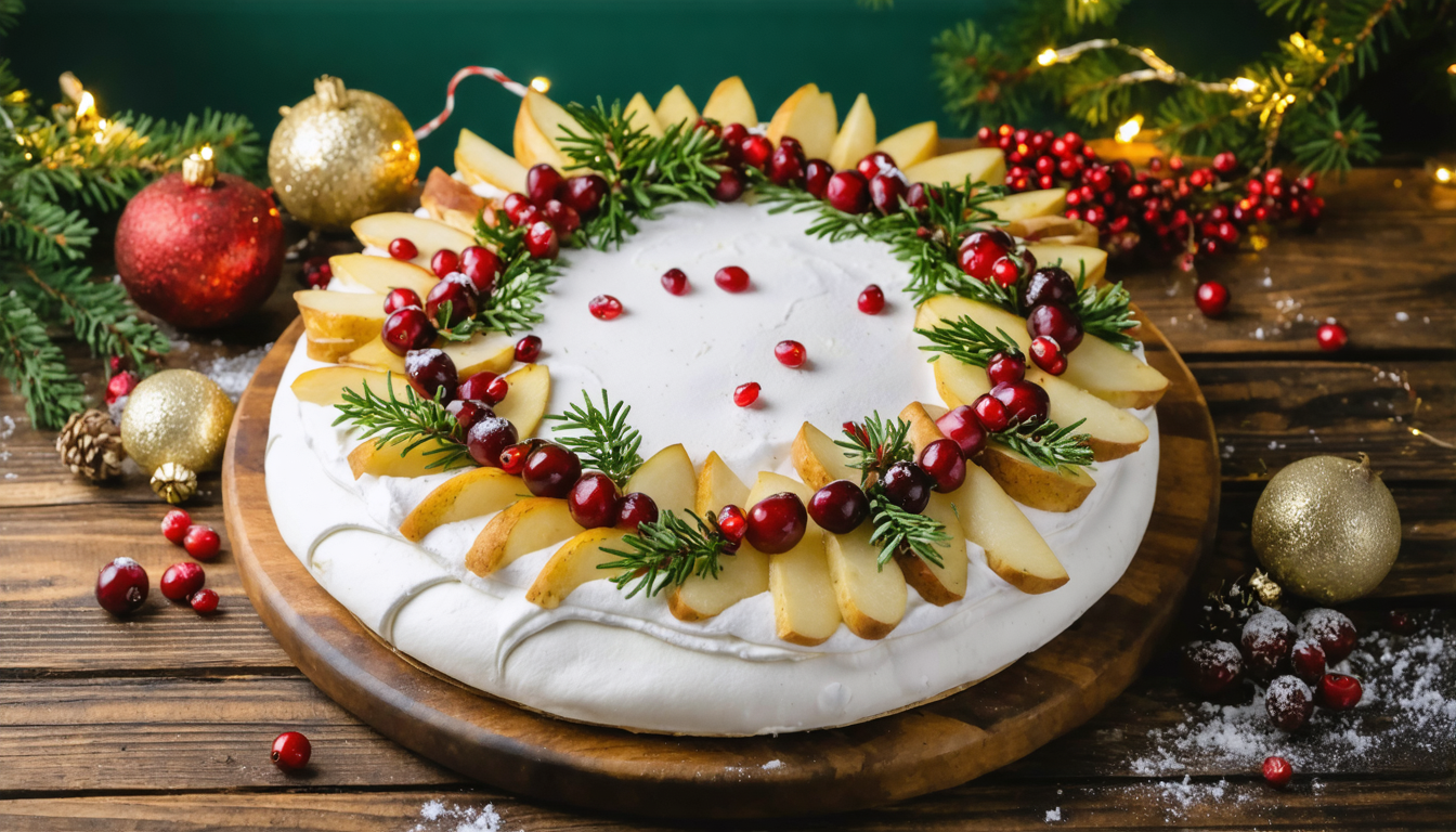 découvrez notre pavlova de noël vegan, une délicieuse symphonie fruitée mêlant cranberries, grenade et poires, parfaite pour célébrer les fêtes avec fraîcheur et gourmandise.