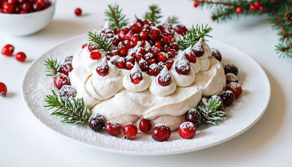 découvrez la pavlova de noël vegan, une délicieuse symphonie fruitée mêlant cranberries, grenade et poires, parfaite pour vos fêtes gourmandes et végétaliennes.