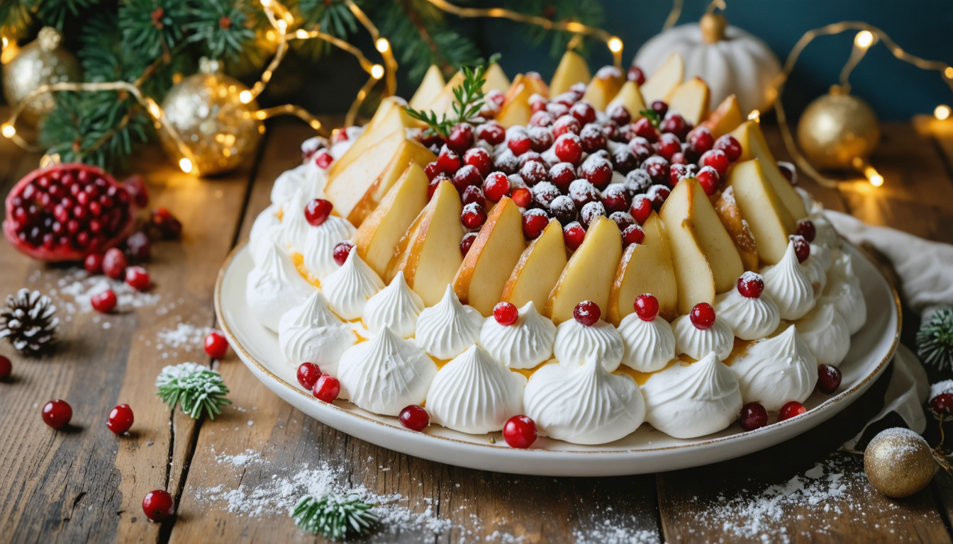 découvrez notre pavlova de noël vegan, une délicieuse symphonie fruitée alliant cranberries, grenade et poires pour une fête gourmande et colorée.