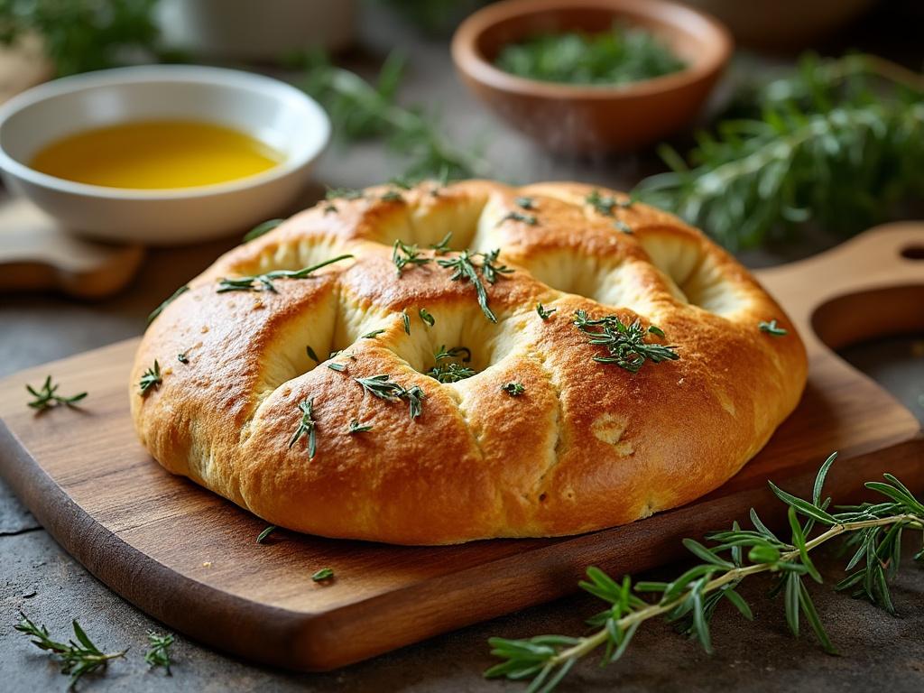 Pain focaccia maison avec huile d'olive et romarin.