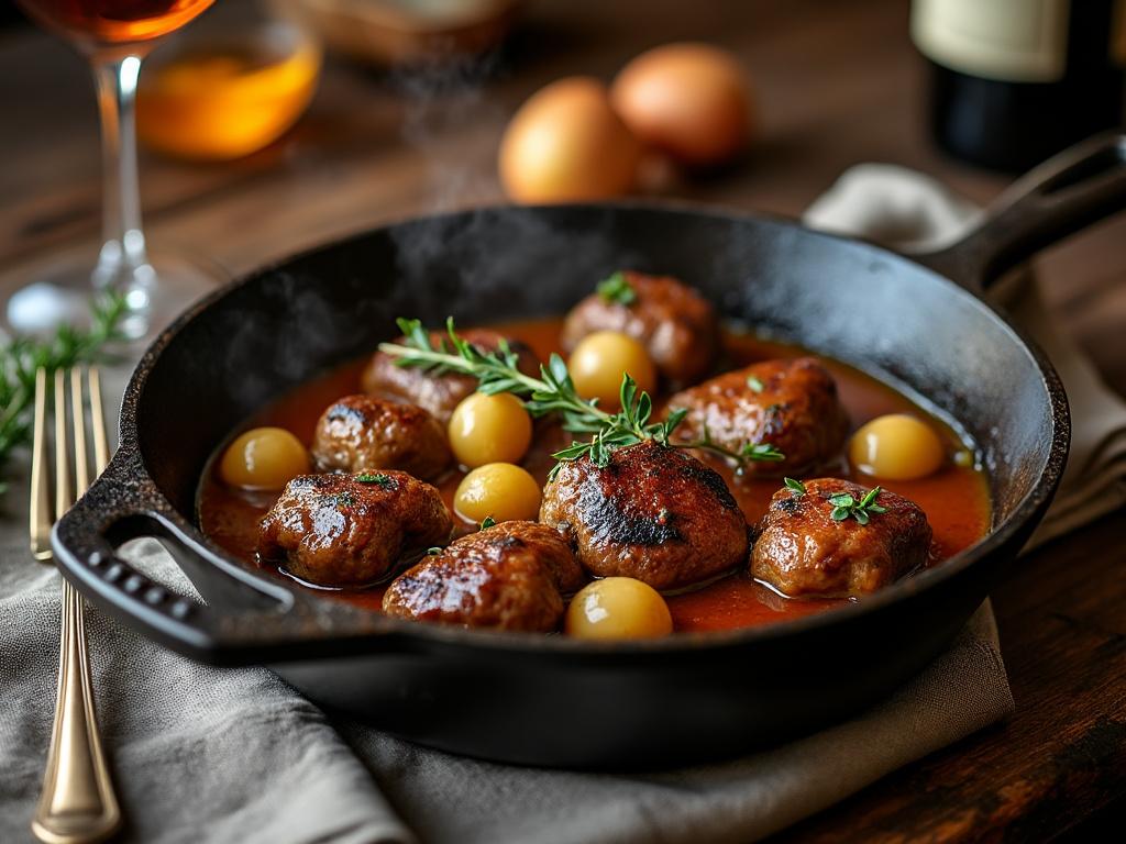 Boulettes de viande mijotées avec tomates et oignons.