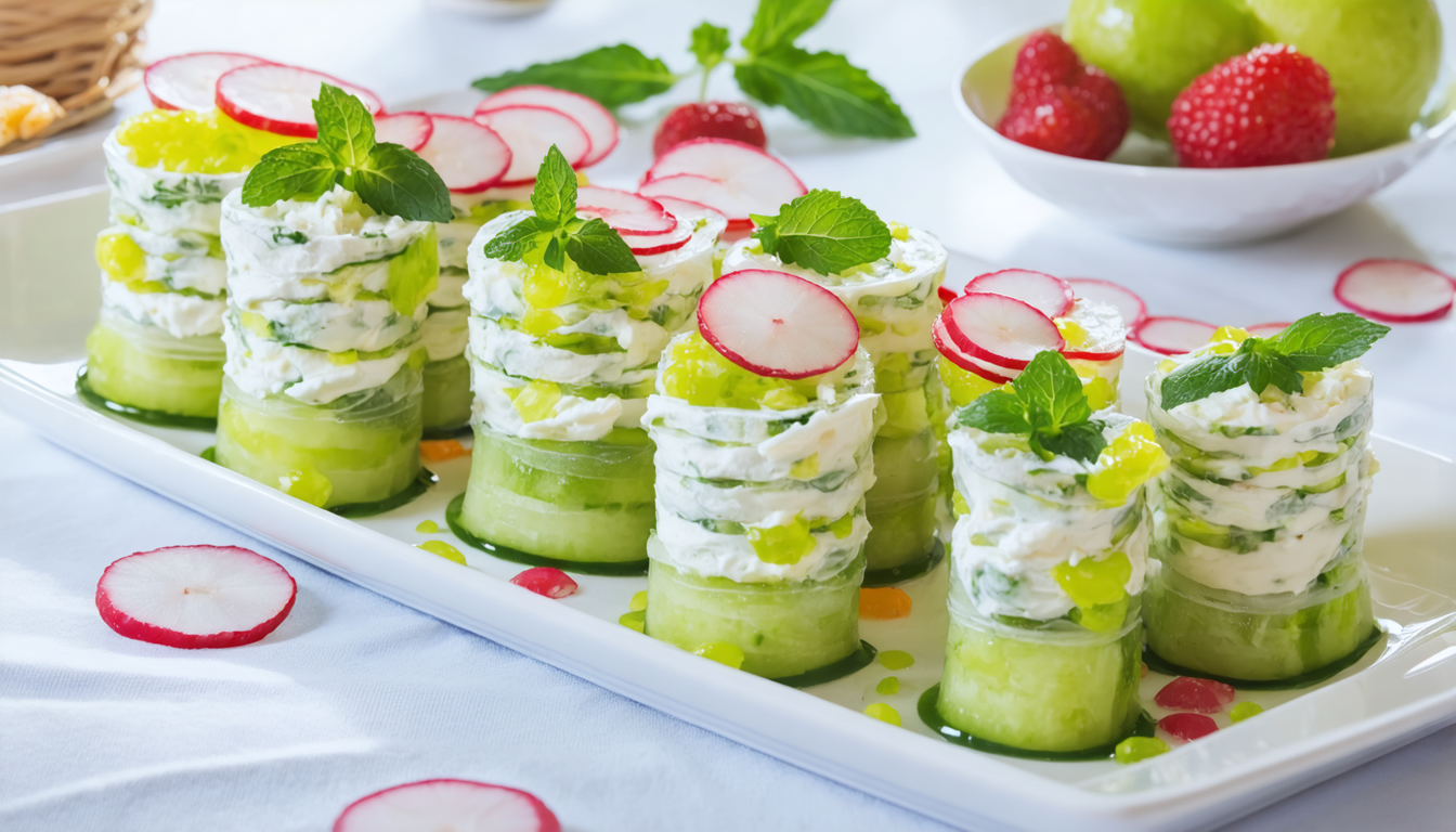 découvrez la recette fraîche et croquante des rouleaux de concombre au fromage frais et radis, une entrée légère et savoureuse parfaite pour vos repas d'été.