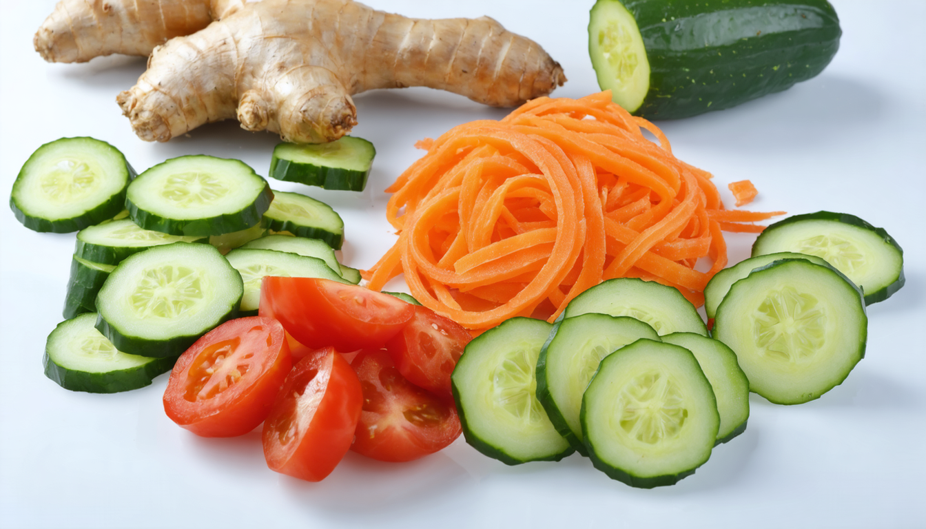 découvrez une salade croquante et rafraîchissante alliant concombre, tomates et carottes, relevée d'une touche piquante de gingembre pour un festival de saveurs.