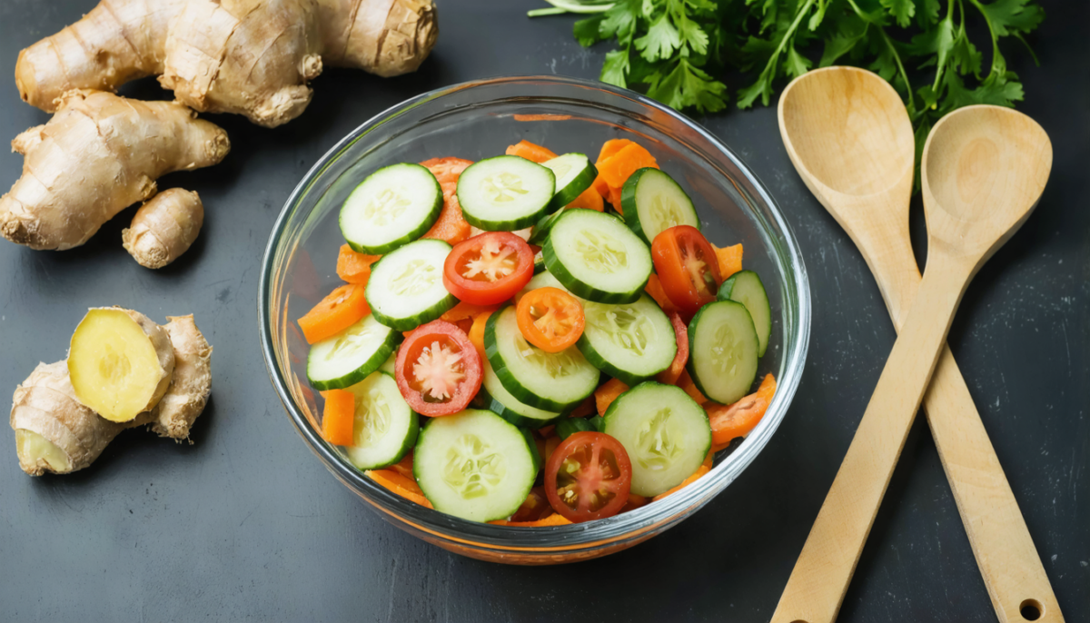 découvrez notre salade croquante de concombre, tomates et carottes, relevée au gingembre pour un cocktail rafraîchissant et savoureux, idéal pour vos repas légers et vitaminés.