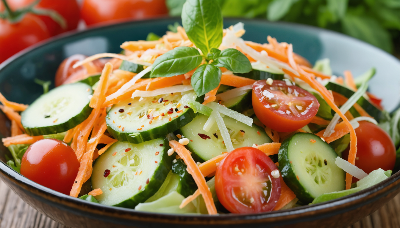 découvrez notre salade croquante de concombre, tomates et carottes relevée au gingembre, une explosion de fraîcheur et de saveurs pour vos papilles.