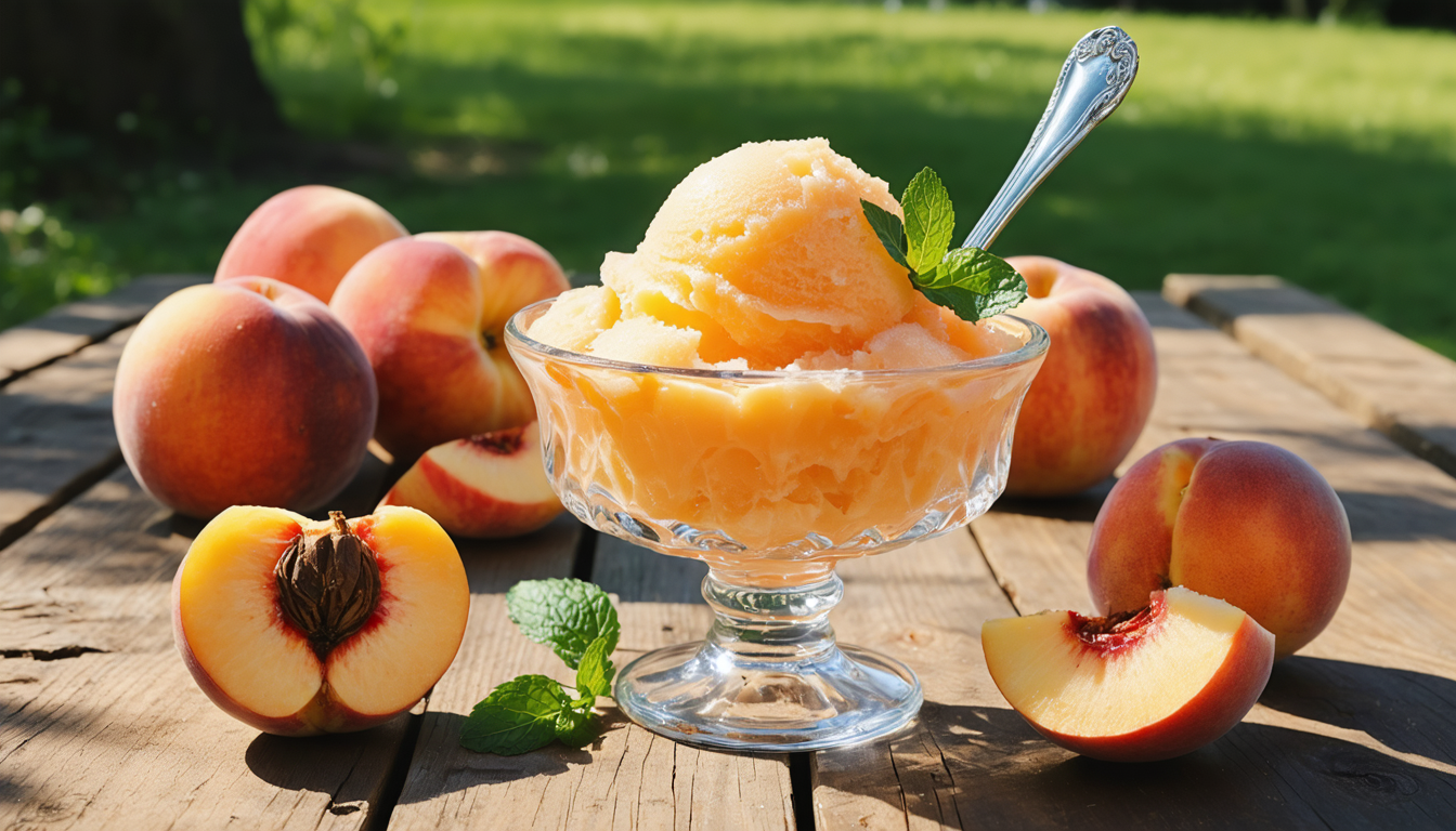 découvrez notre recette estivale simple et désaltérante de sorbet à la pêche ultra léger, sans sorbetière, pour profiter d'un dessert frais et naturel en toute simplicité.