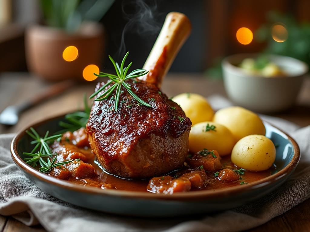 Carré d'agneau rôti avec pommes de terre et sauce.