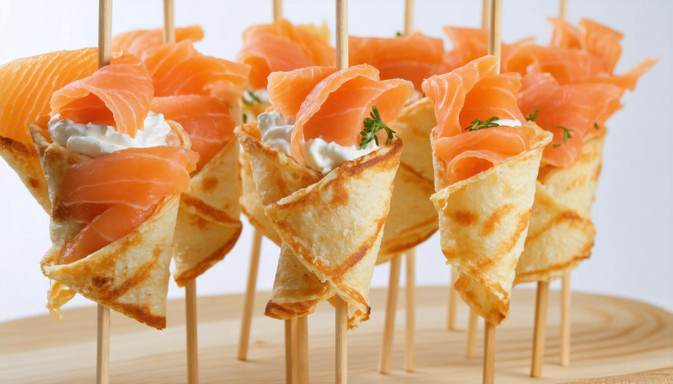 découvrez nos sucettes gourmandes de crêpes légères, délicieusement garnies de saumon frais et de fromage frais, parfaites pour une entrée raffinée et savoureuse.