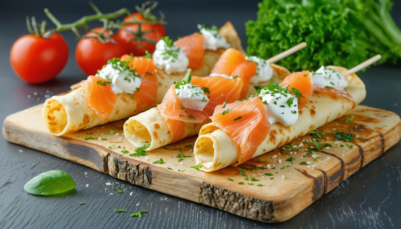 découvrez nos sucettes gourmandes de crêpes légères, délicatement garnies au saumon frais et fromage frais, une bouchée savoureuse idéale pour toutes vos occasions.
