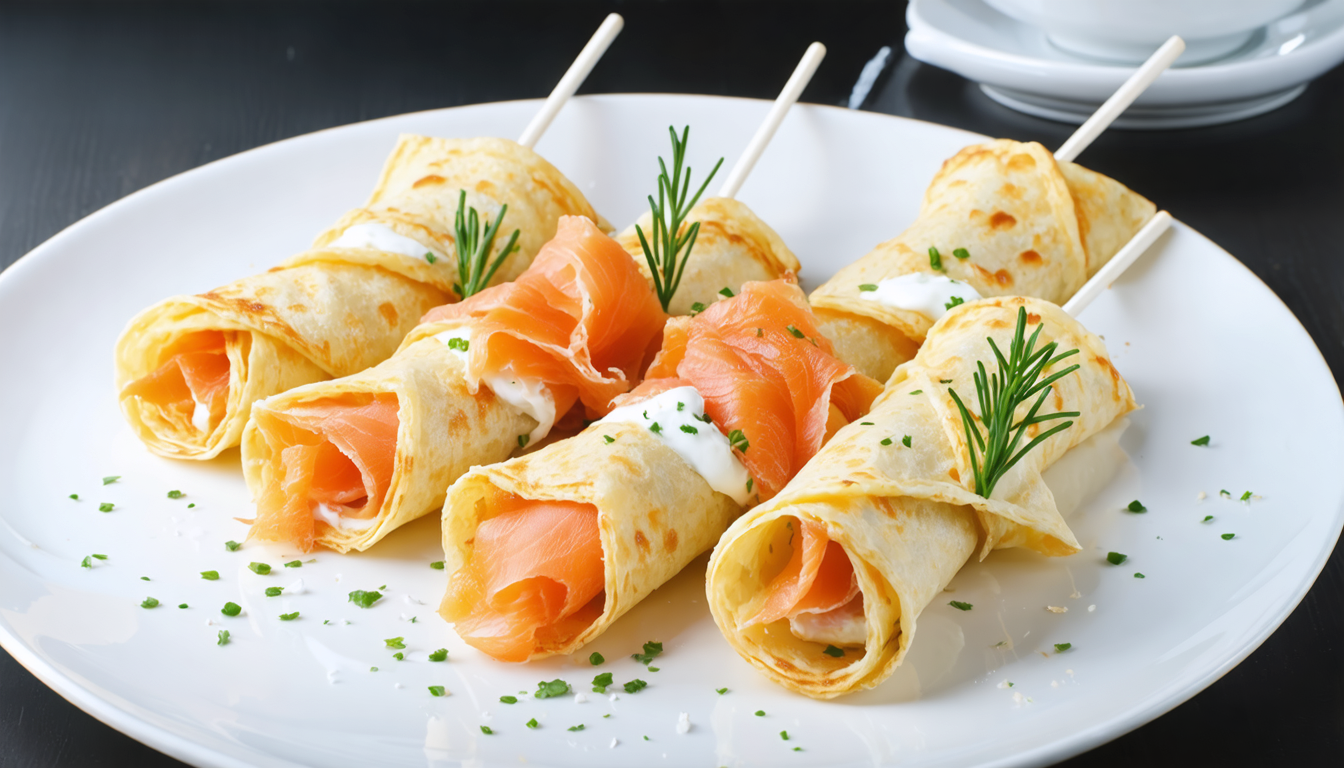 découvrez nos sucettes gourmandes de crêpes légères, délicatement garnies de saumon frais et de fromage crémeux, pour une explosion de saveurs raffinées à chaque bouchée.