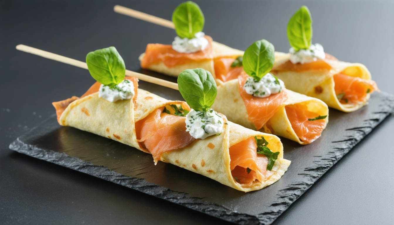 découvrez nos sucettes gourmandes de crêpes légères, délicatement garnies de saumon frais et de fromage crémeux, pour une bouchée savoureuse et raffinée.