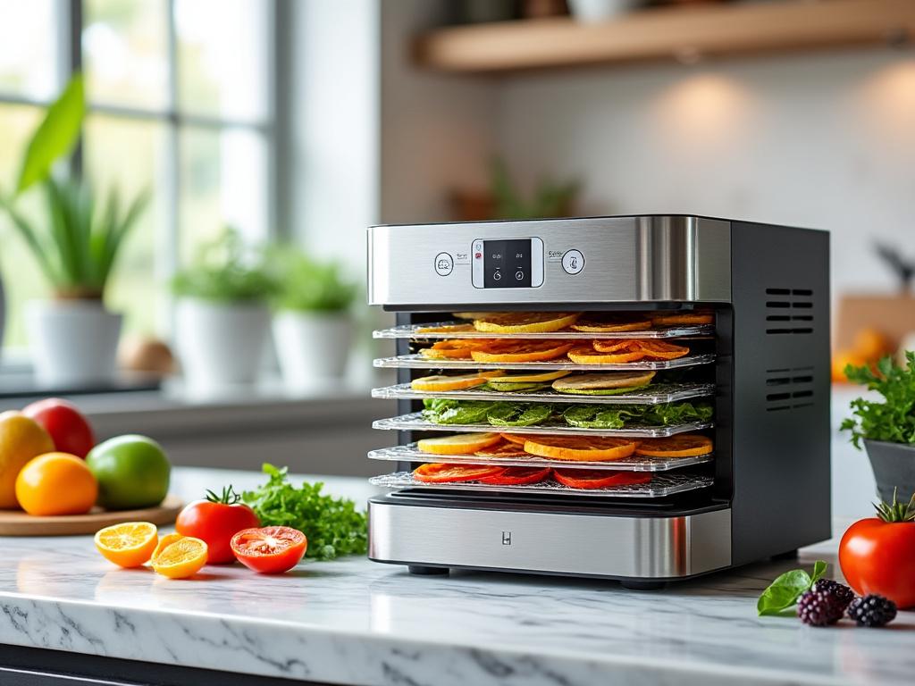 Déshydrateur alimentaire moderne avec fruits et légumes frais.