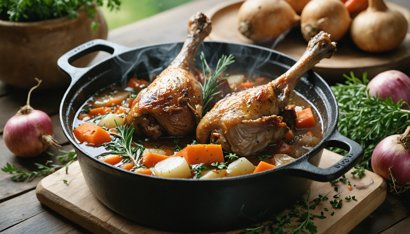 découvrez notre recette de canard mijoté en cocotte aux navets, un plat traditionnel alliant saveurs authentiques et douceur pour un repas réconfortant.