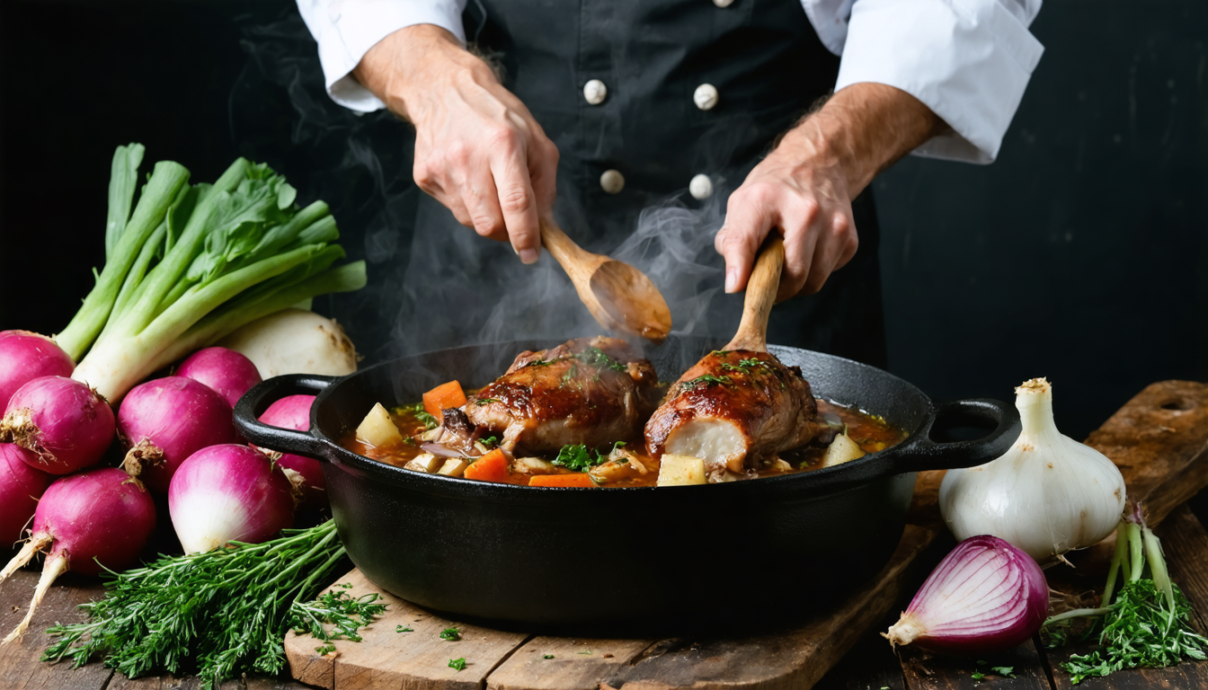 découvrez notre recette de canard mijoté en cocotte aux navets, un plat traditionnel riche en saveurs et en douceur, parfait pour réchauffer vos repas.