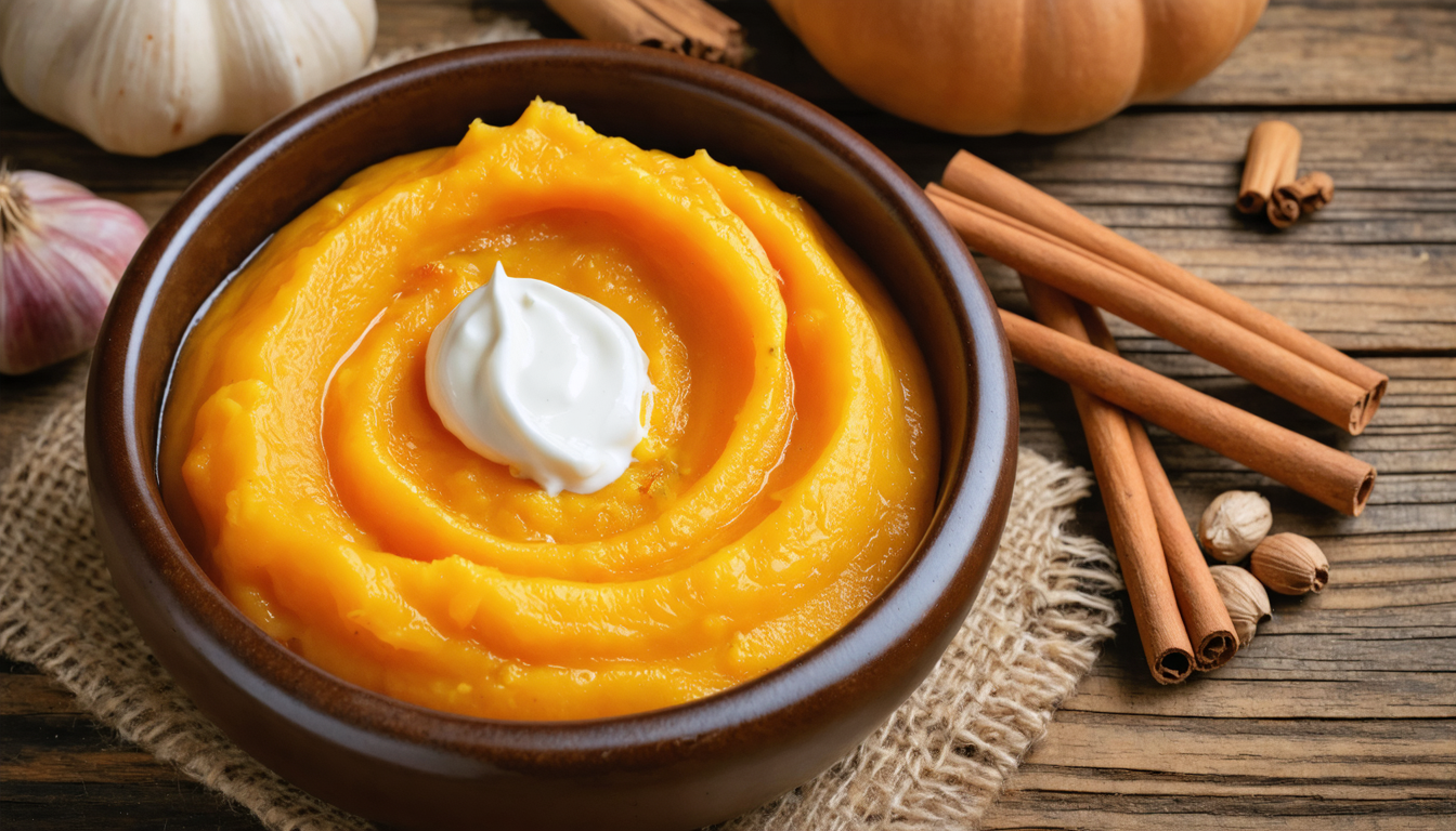 découvrez notre purée de butternut onctueuse au fromage frais, délicatement relevée par un mélange subtil de 4 épices pour un délice crémeux et savoureux.