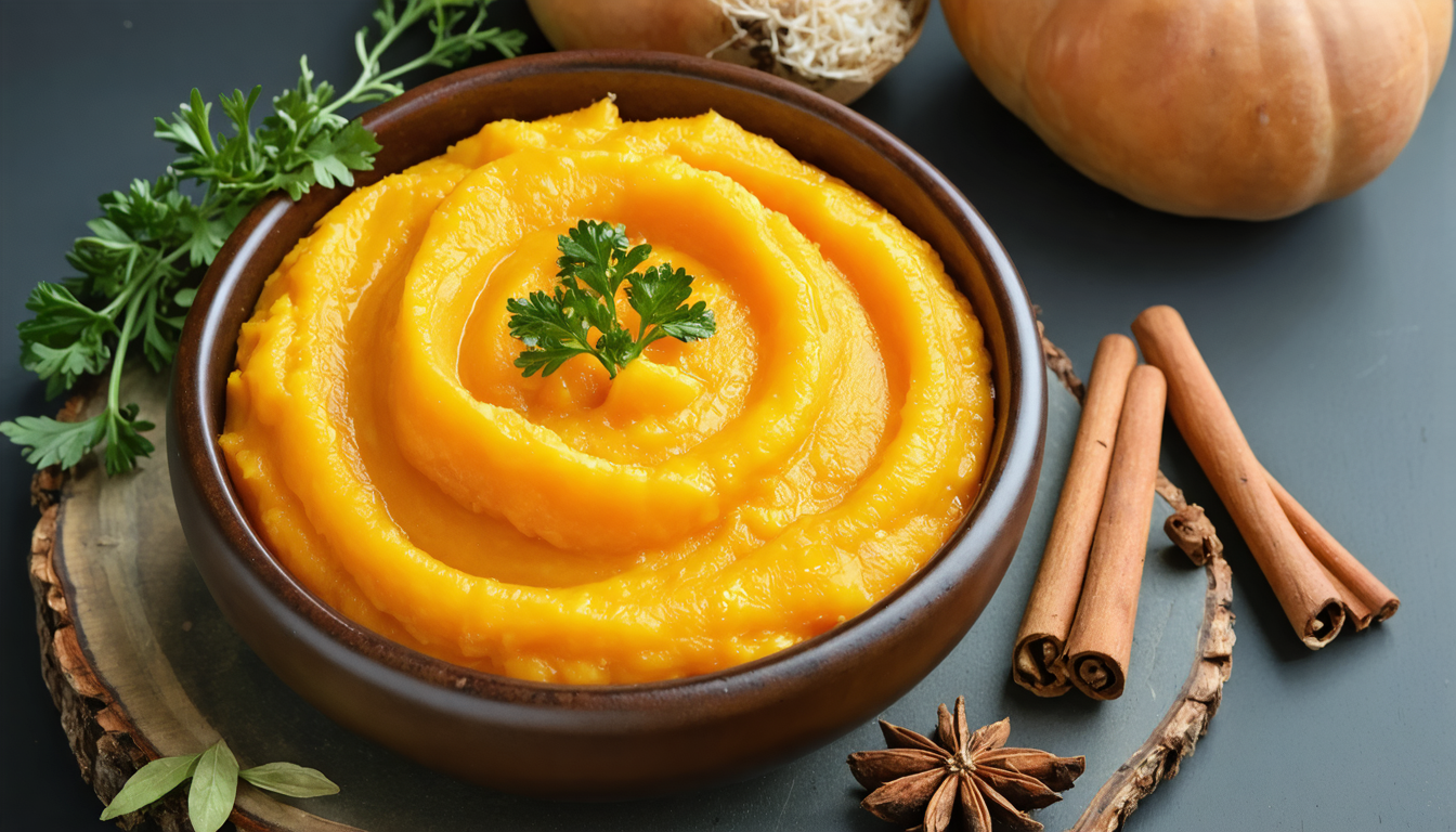 découvrez notre purée de butternut onctueuse au fromage frais, délicatement relevée par un mélange subtil de 4 épices pour un délice crémeux et parfumé.