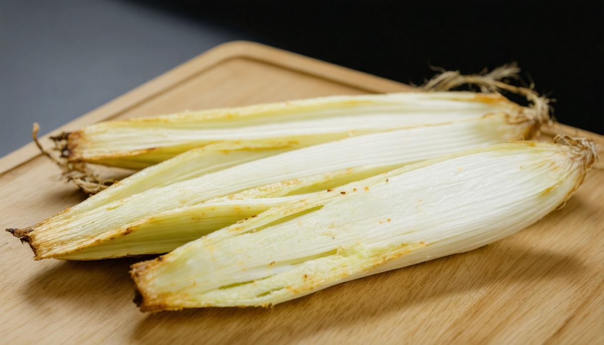découvrez notre salade savoureuse et authentique de délicieuses endives croquantes accompagnées de rillons de porc fermier élevés en plein air, pour un plaisir gustatif unique.