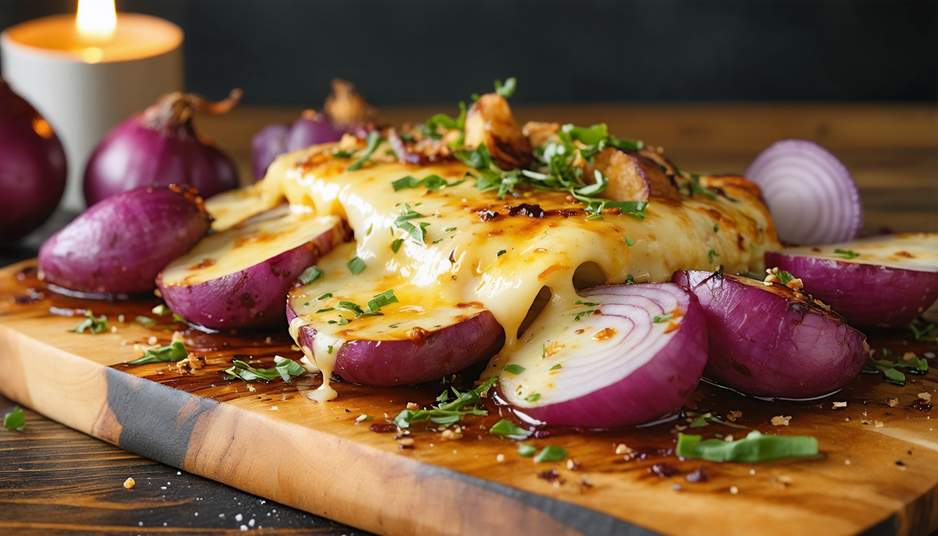 savourez un délice d'hiver avec notre raclette garnie d'oignons rouges caramélisés et de pommes de terre vitelottes, un plat réconfortant et gourmand idéal pour les soirées froides.