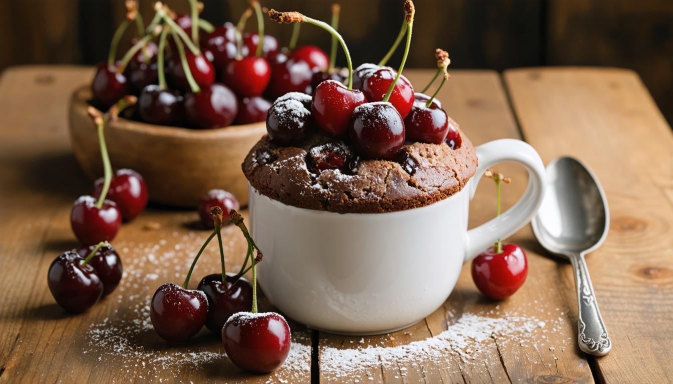 découvrez la recette rapide et facile du mug cake léger au chocolat et aux cerises, un délice express parfait pour une pause gourmande irrésistible.