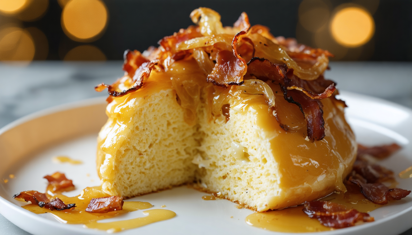 découvrez notre cake moelleux au fromage à raclette, sublimé par des oignons caramélisés et du bacon croustillant, pour un délice salé irrésistible et gourmand.