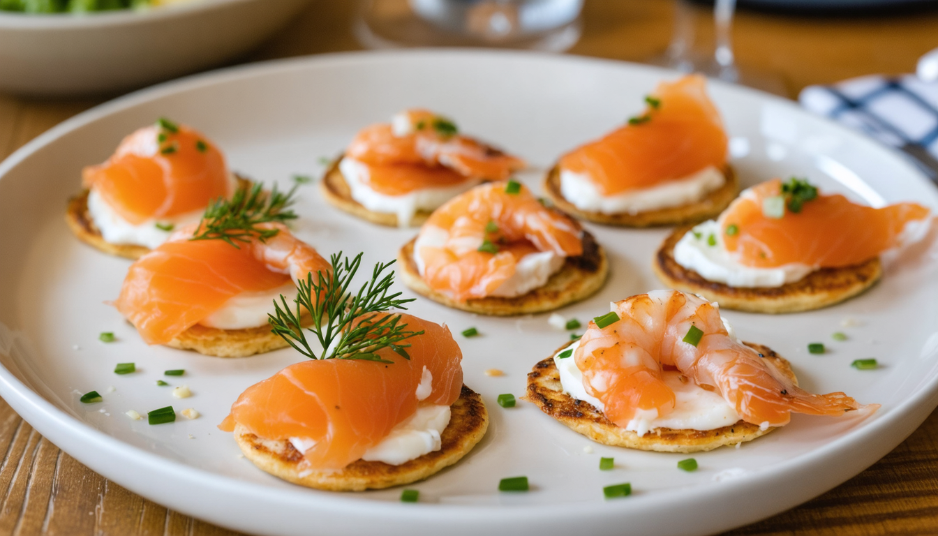 découvrez nos délices marins avec ces mini blinis gourmands au fromage frais, parfaits pour un apéritif raffiné et savoureux.