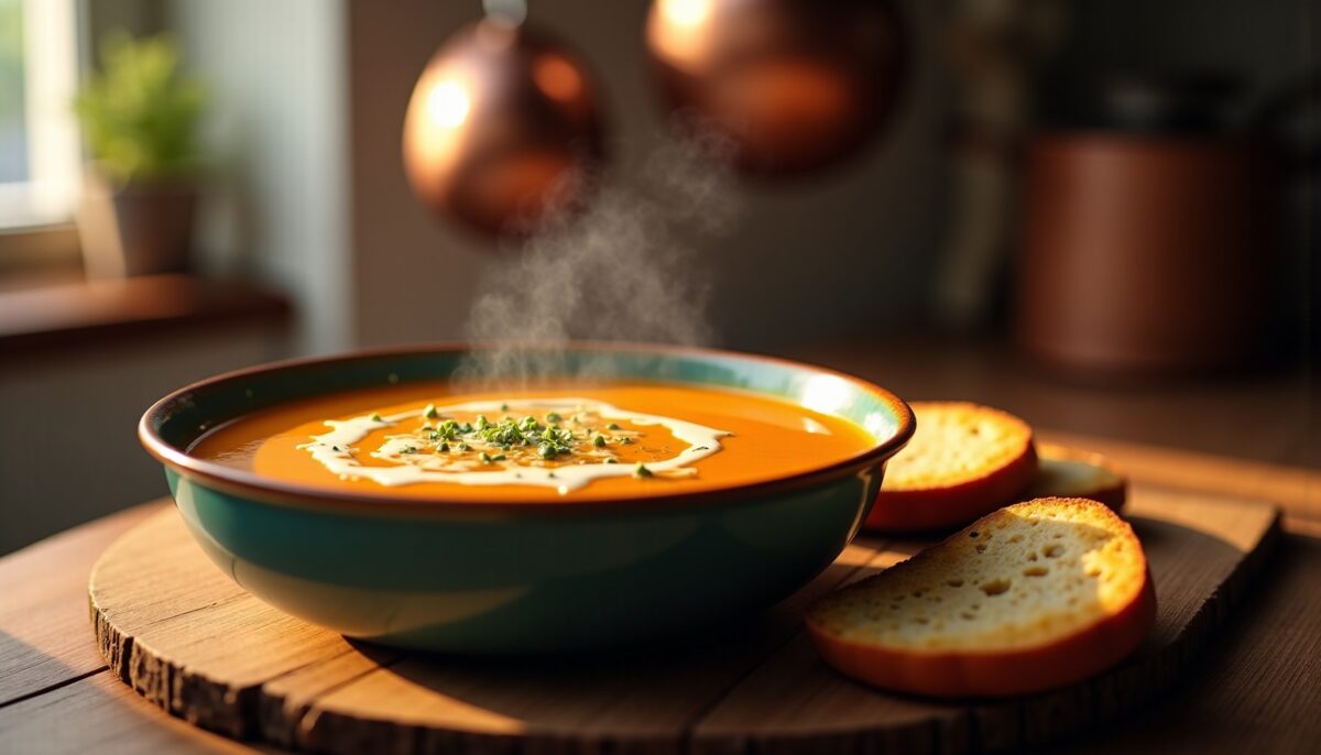 Délicieuse soupe épicée de potiron agrémentée de fromage fondant