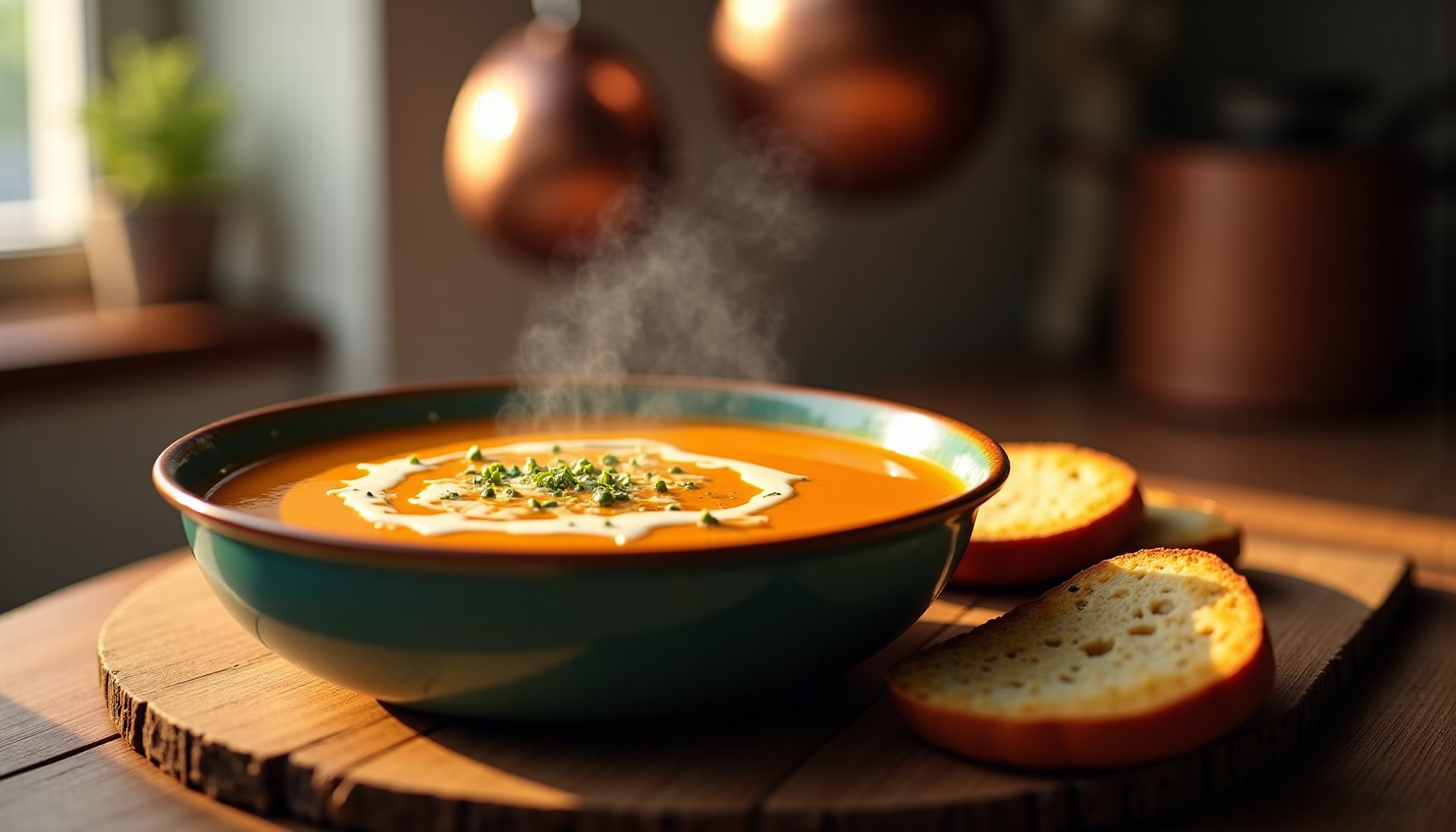 Délicieuse soupe épicée de potiron agrémentée de fromage fondant
